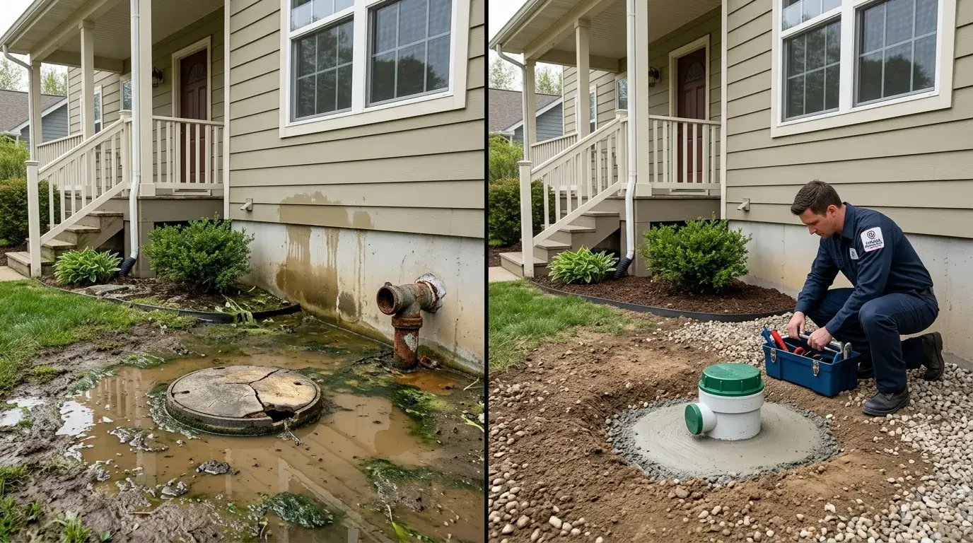 Before and after: muddy, flooded cleanout area restored with a new sealed access cover