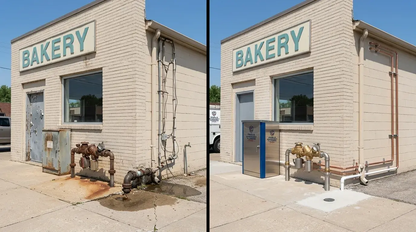 Before and after: corroded, leaking commercial water connection replaced with new piping