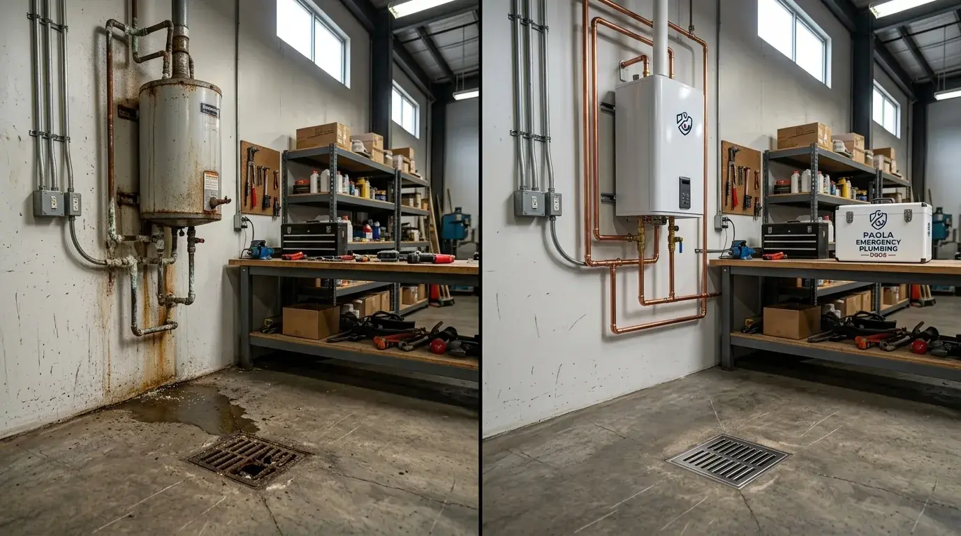 Before and after: rusty tank water heater replaced with a wall-mounted tankless unit