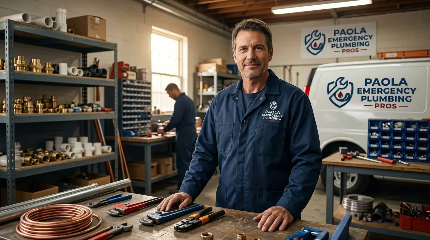 Experienced plumber in a navy work jacket at a workshop bench with copper pipe, fittings and hand tools