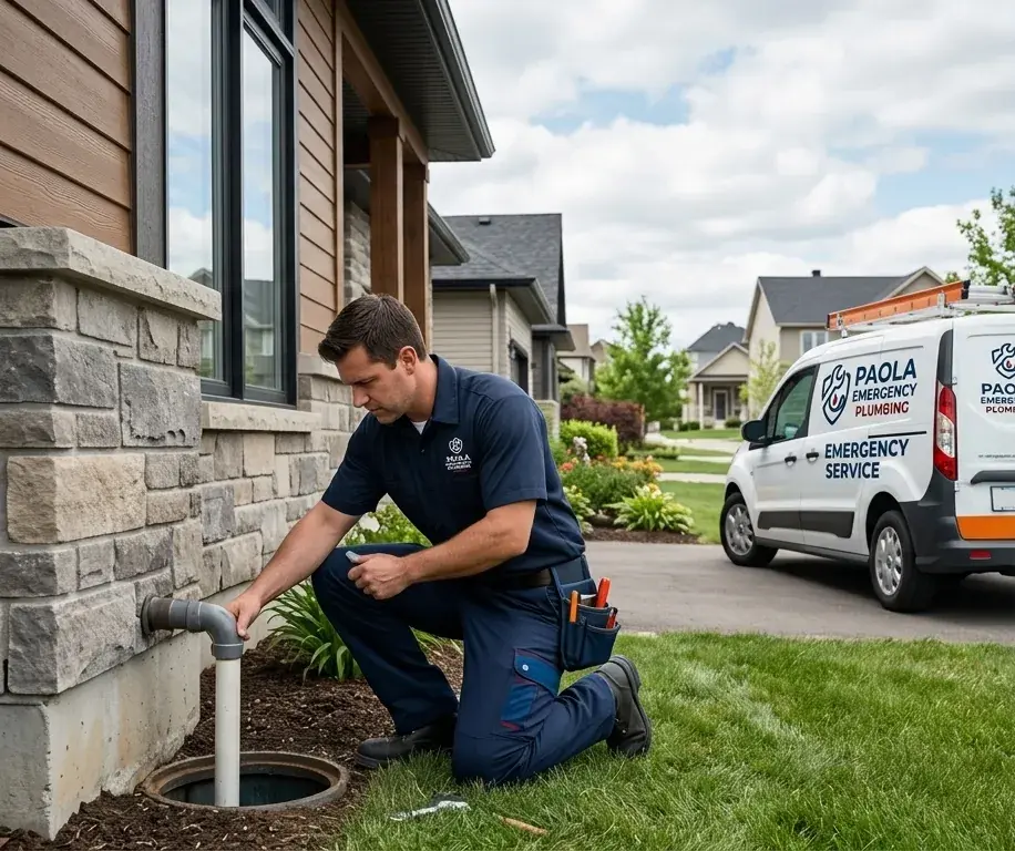 Plumber kneeling at a home’s outdoor sewer cleanout with the service van parked down the street