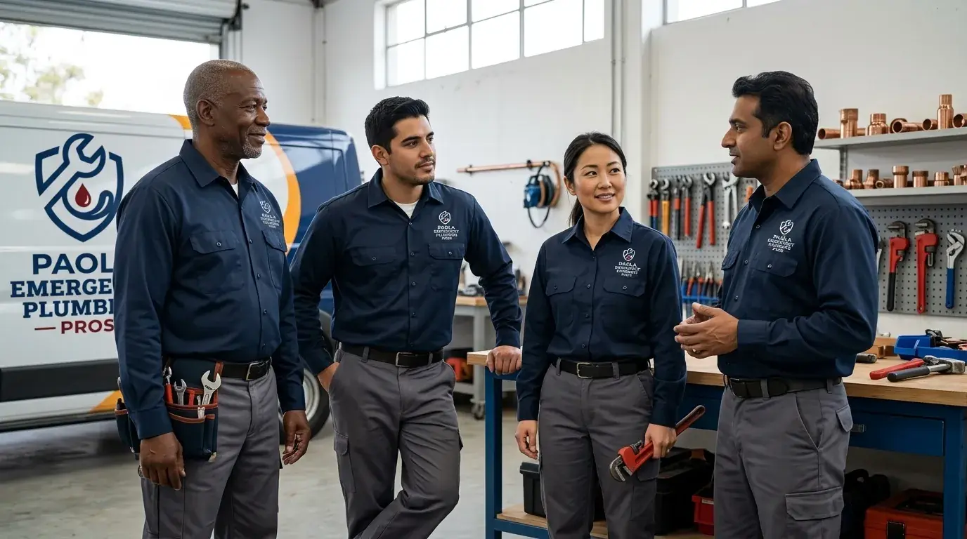 Four plumbing technicians in navy uniforms talking in front of a branded service van