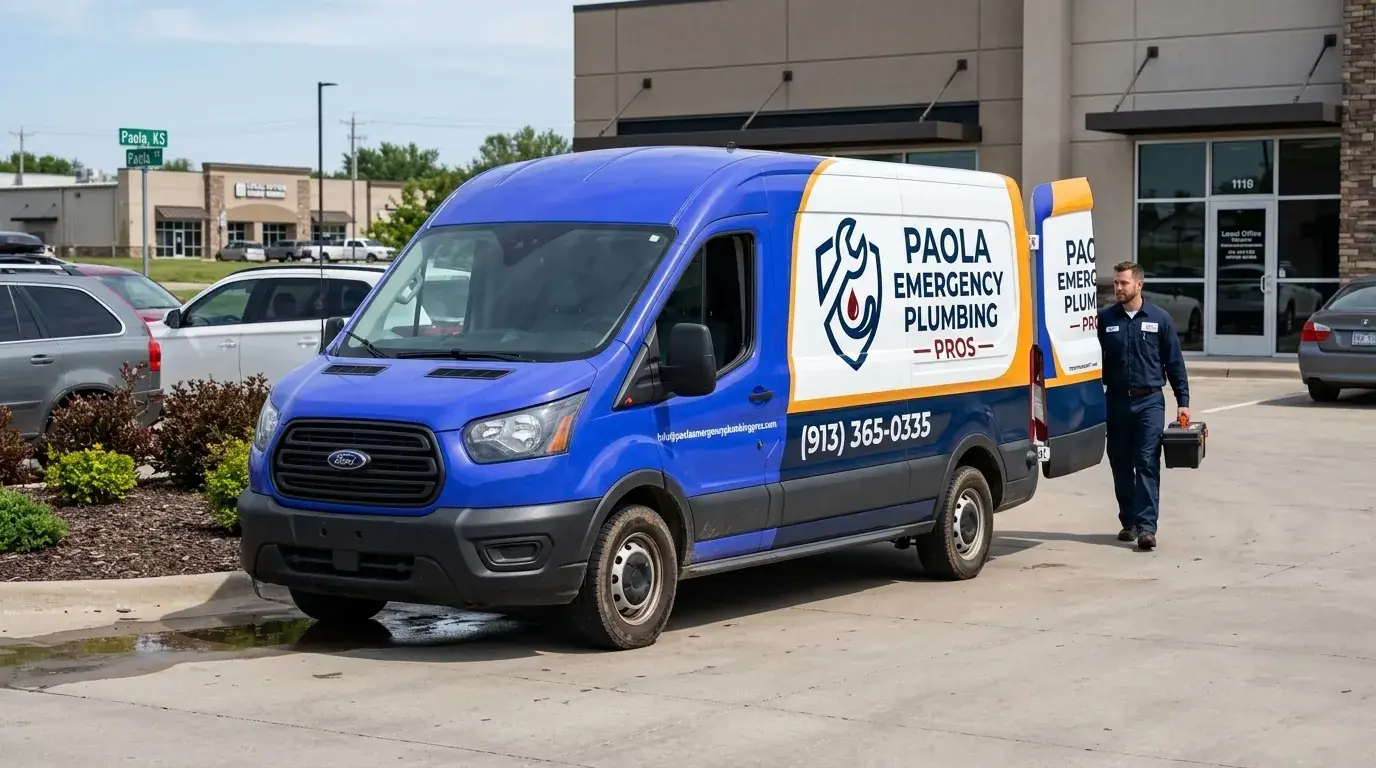 Blue and white branded plumbing van parked at a commercial property with a technician walking beside it
